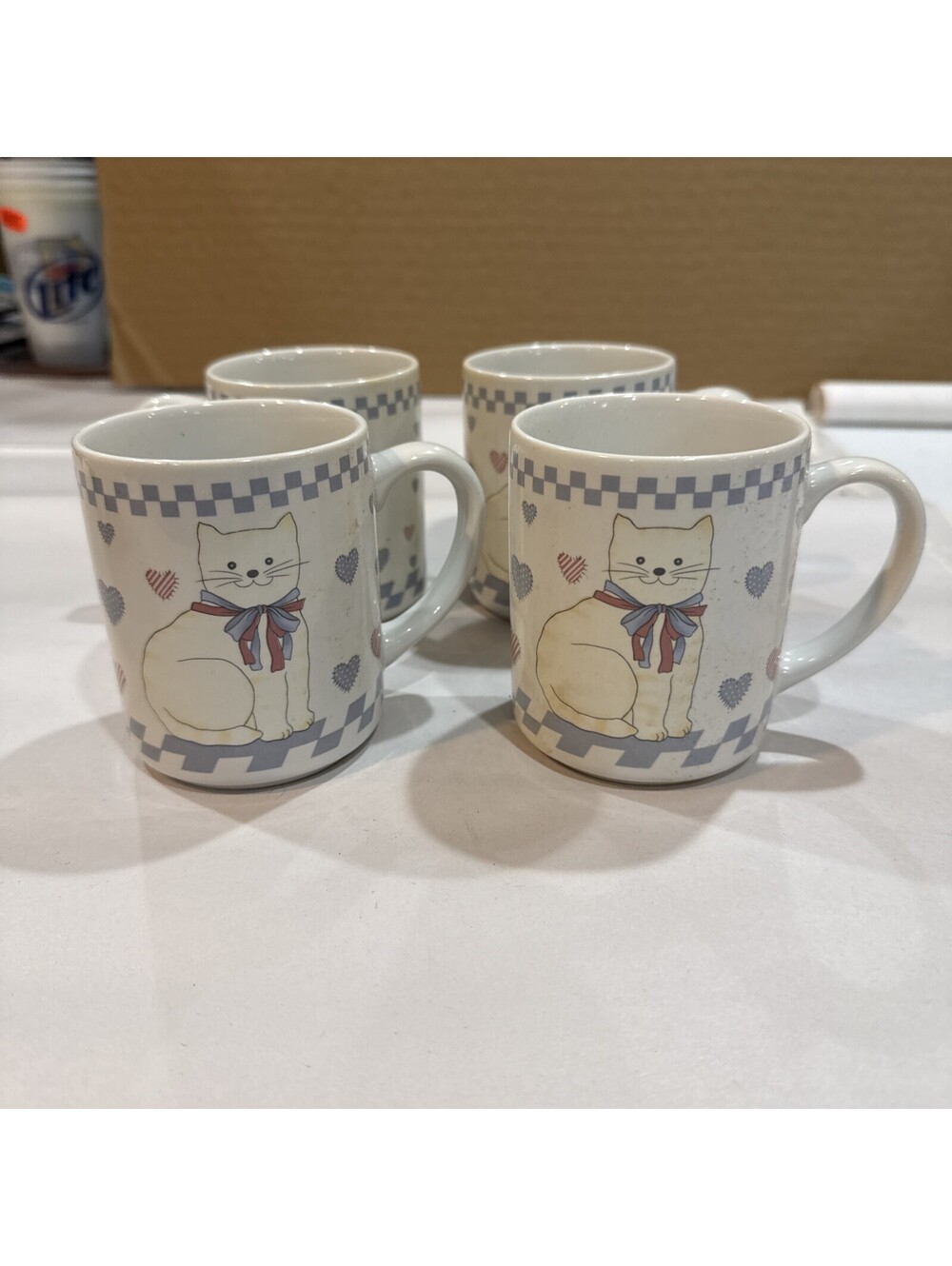 Vintage 80’s Cute Cat Mugs (4). Pastel Cottage Core Decor Hearts, Checkers